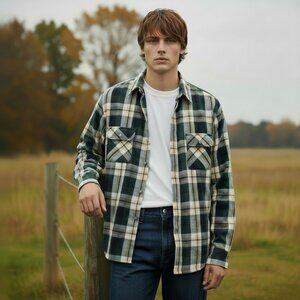 VTG Mens Flannel Plaid Button Up Shirt Sz L Dark Green Black Acrylic Outdoors